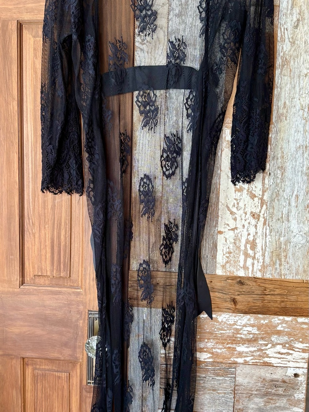 Revamped Sheer Black Lace Long Robe with Floral Appliqué